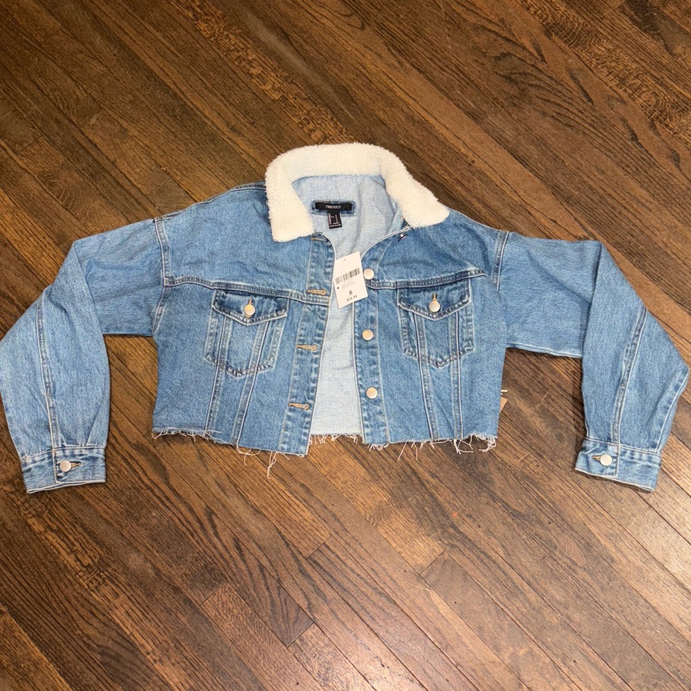Forever 21 Blue Jean Jacket with White Collar